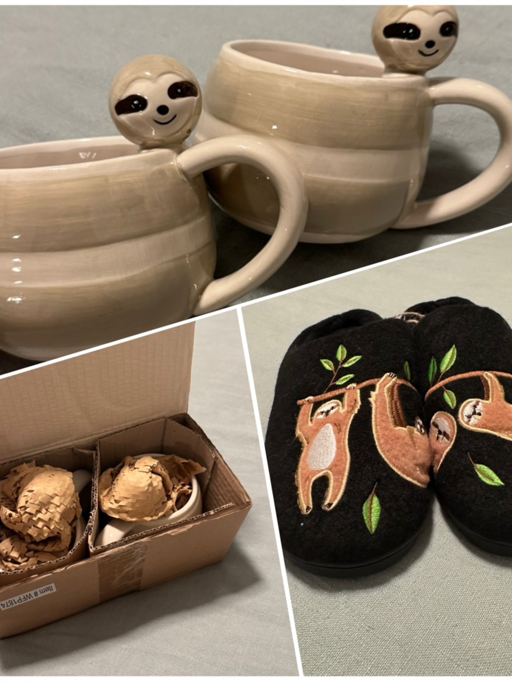 NEW Sloth Themed Gift Set Cozy Embroidered Slippers & Ceramic Mug Set